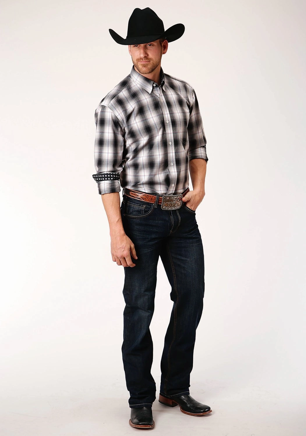 Roper Mens Black 100% Cotton Hills Plaid BD L/S 1 Pkt Shirt Subtle pattern Nautical Look