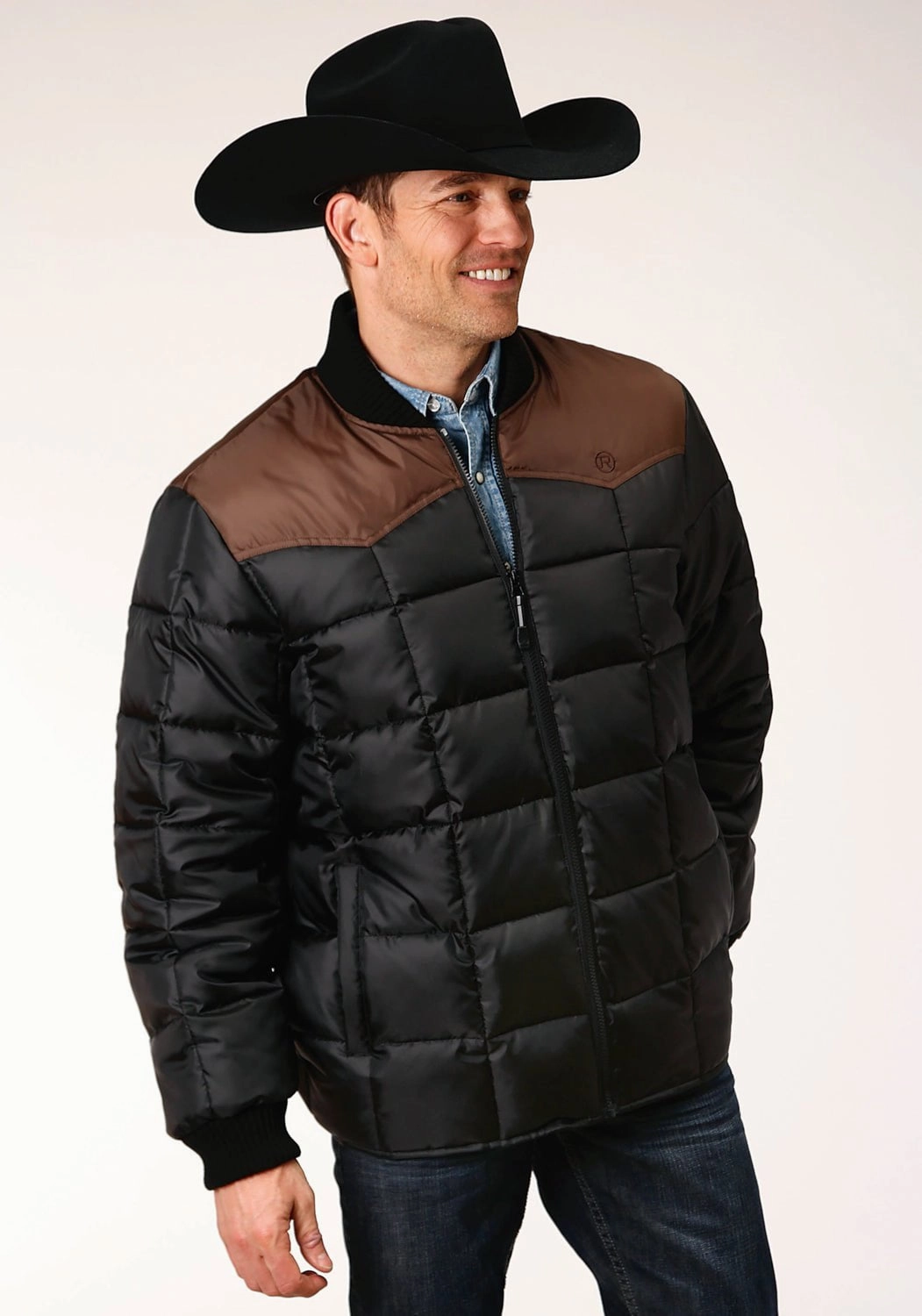 TemperatureRegulating Abrasion Resistant Edging Roper Mens Black/Brown Polyester Insulated Jacket