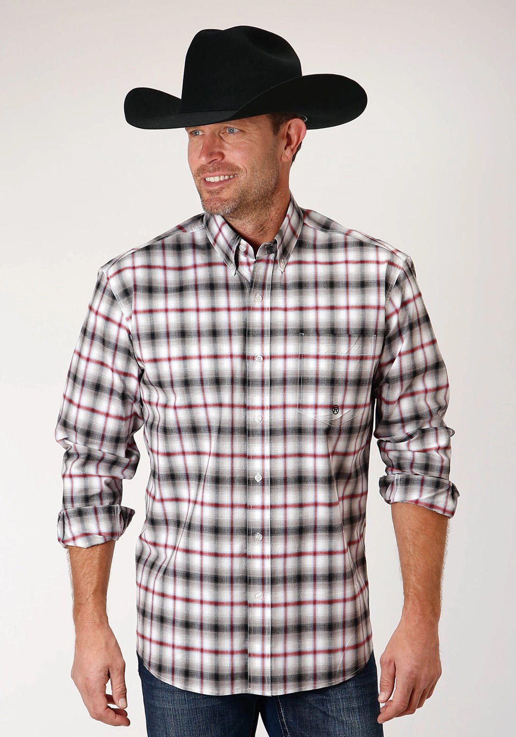 Roper Mens Black Cotton Blend Classic Ombre BD L/S 1 Pkt Shirt gender-neutral Sophisticated Elegance