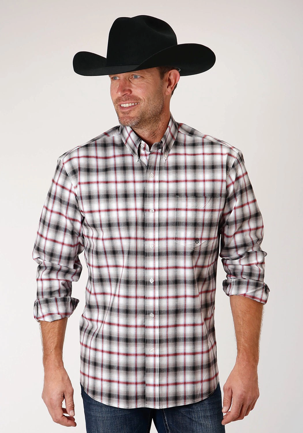 Anti Odor Treatment Checkered Look Roper Mens Black Cotton Blend Classic Ombre BD L/S 1 Pkt Shirt