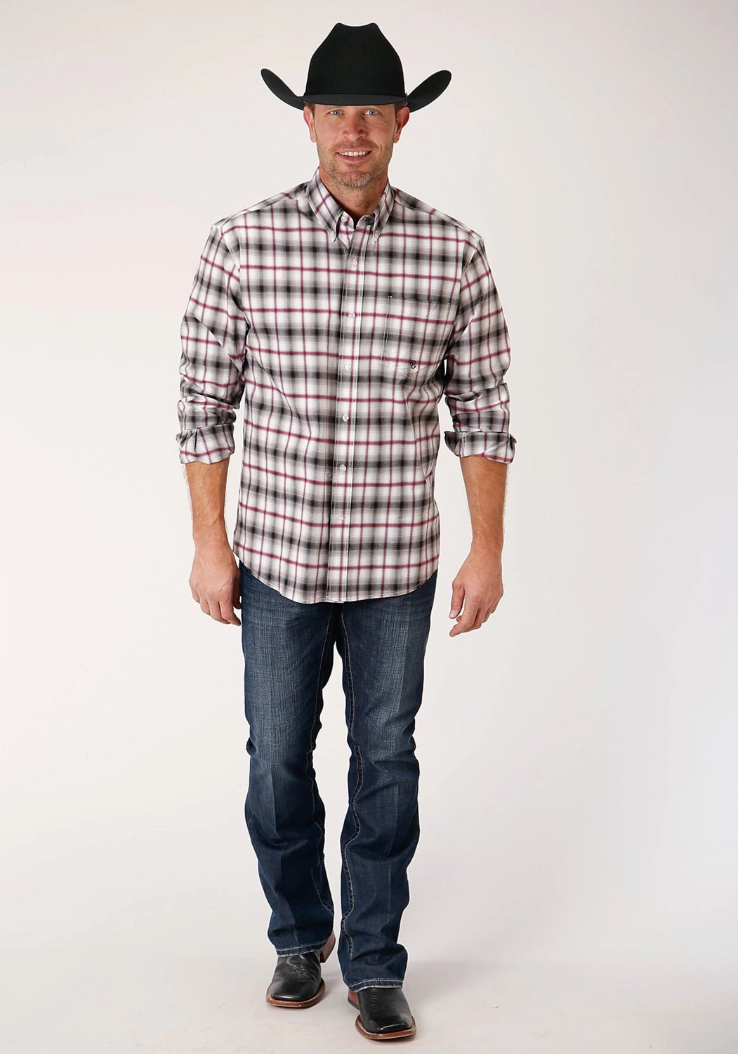 Roper Mens Black Cotton Blend Classic Ombre BD L/S 1 Pkt Shirt Sports Ready Corporate Event