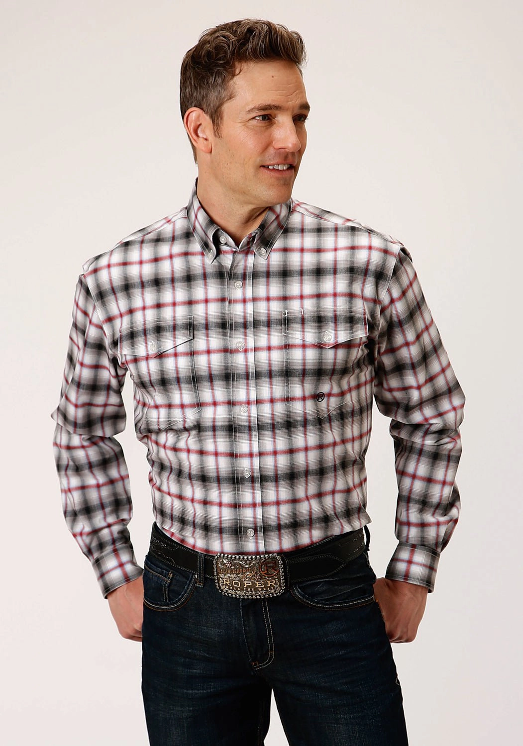 Roper Mens Black Cotton Blend Ombre Stretch BD L/S Button Shirt Unmatched comfort Abstract art