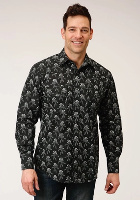 Weekend Vibes Work From Home Roper Mens Black/Cream Cotton Blend Floral L/S Shirt
