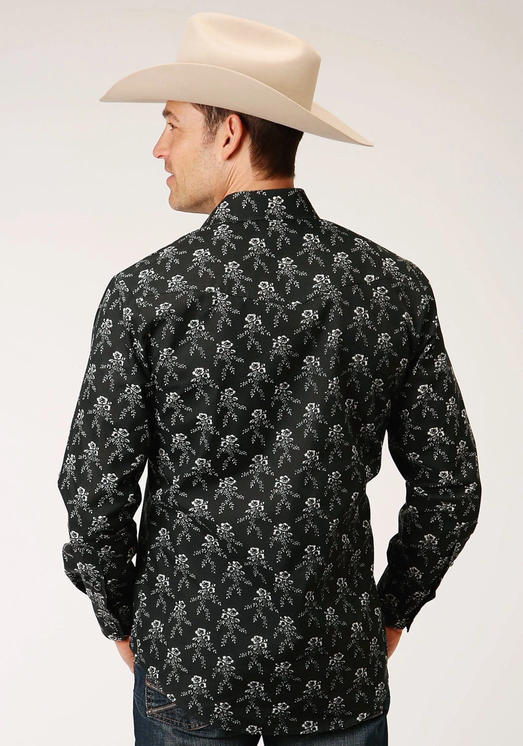 Wrinkle-Free Roper Mens Black/Cream Cotton Blend Floral L/S Shirt