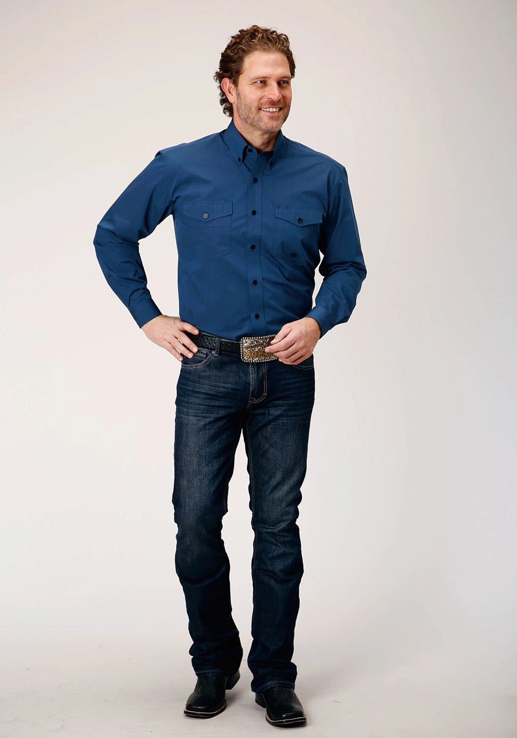 Trendy Fashion Flatlock stitching Roper Mens Black Fill Button Blue 100% Cotton L/S Shirt