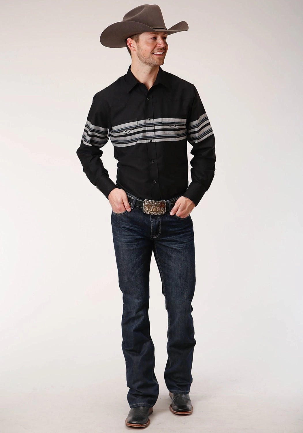 Summer Must-have Multi Pocket Utility Roper Mens Black/Grey Cotton Blend Border Stripe L/S Shirt