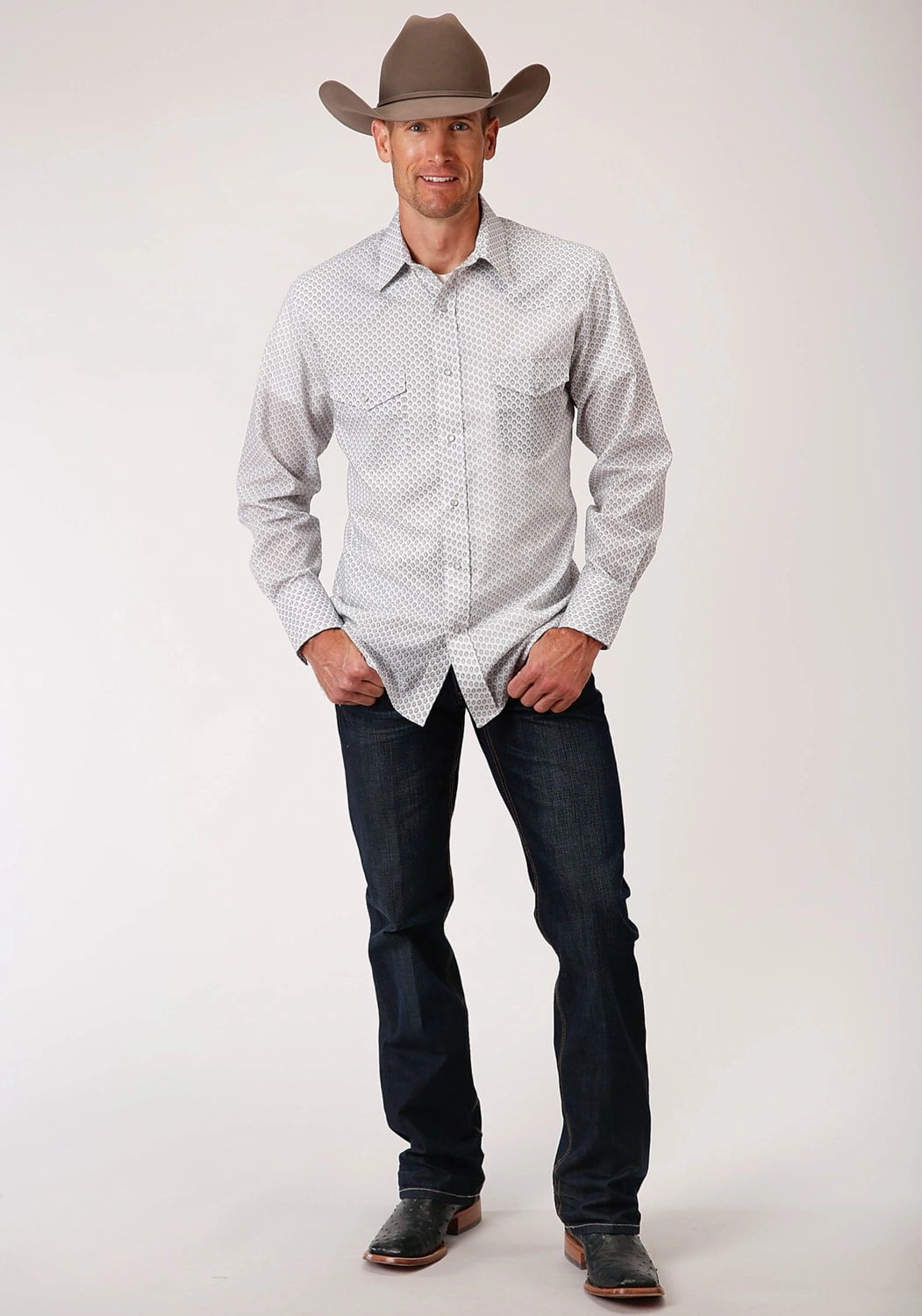 Roper Mens Black/Grey Cotton Blend Teardrop L/S Shirt Low Profile Pocket Design