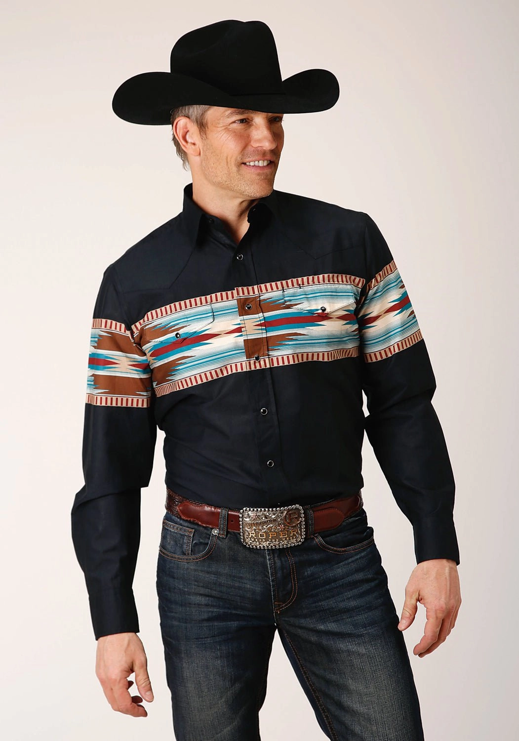 Streamlined Design Premium Quality Roper Mens Blanket Aztec Border Black 100% Cotton L/S Shirt