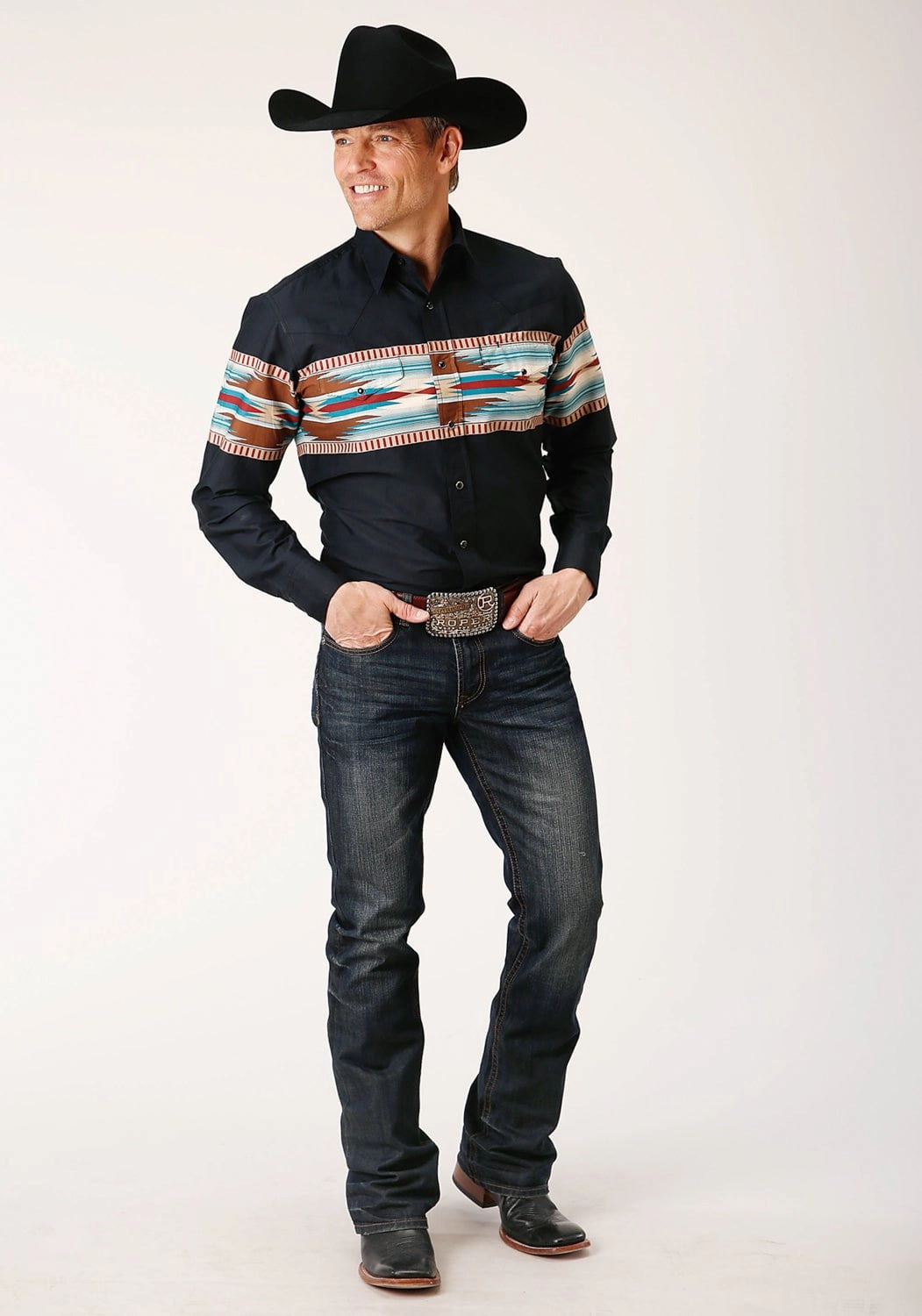 Low Maintenance Eco Dye Technique Roper Mens Blanket Aztec Border Black 100% Cotton L/S Shirt