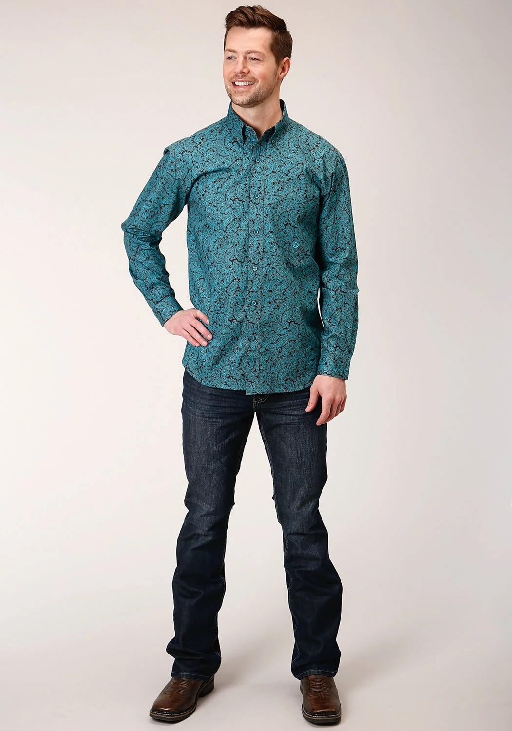 Linen blend Roper Mens Blue 100% Cotton Agave Paisley BD L/S 1 Pkt Shirt