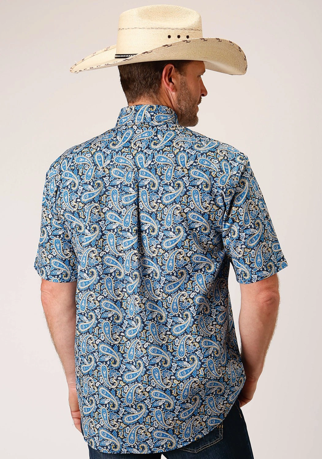 Military Inspired Roper Mens Blue 100% Cotton Amarillo Paisley BD S/S 1 Pkt Shirt