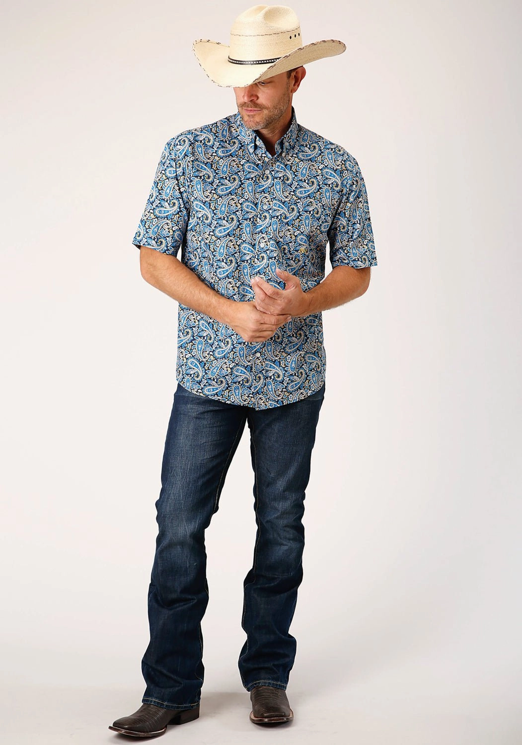 Formal Elegance Roper Mens Blue 100% Cotton Amarillo Paisley BD S/S 1 Pkt Shirt