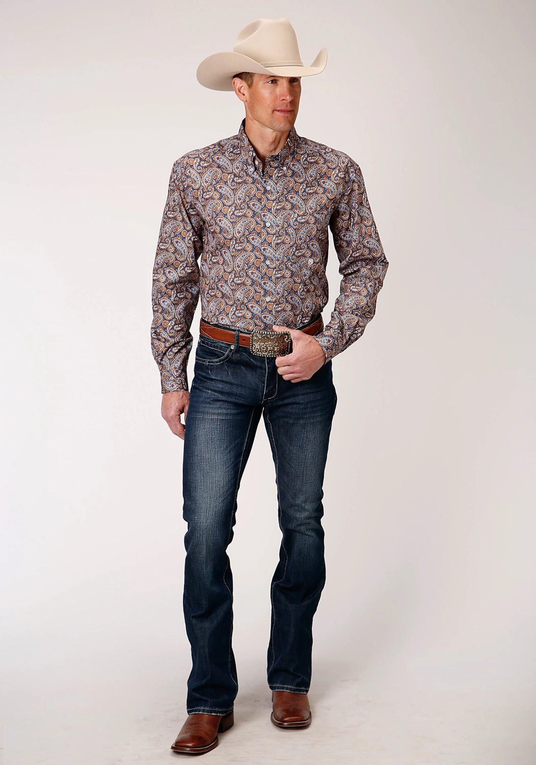 High-Quality Craftsmanship Professional Look Roper Mens Blue 100% Cotton Country Paisley BD L/S 1 Pkt Shirt