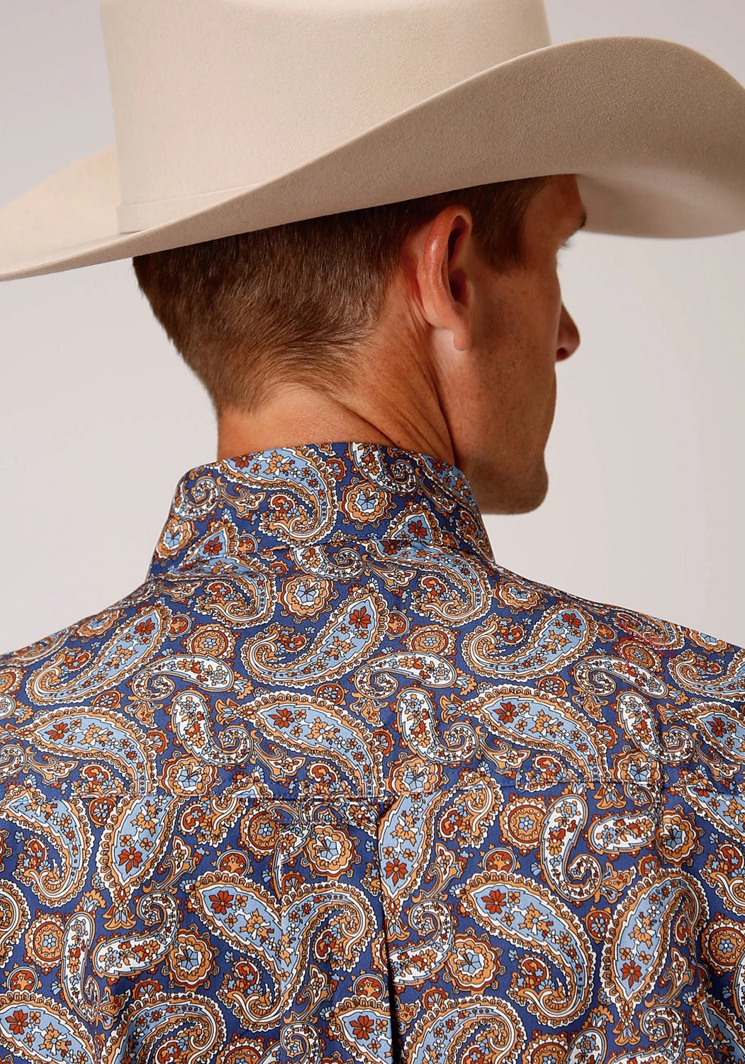 Geometric Shape Minimalist Aesthetic Roper Mens Blue 100% Cotton Country Paisley BD L/S 1 Pkt Shirt