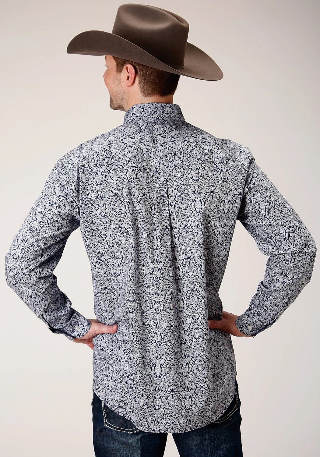 Layering Piece Roper Mens Blue 100% Cotton Crystal Medallion BD L/S Btn Shirt