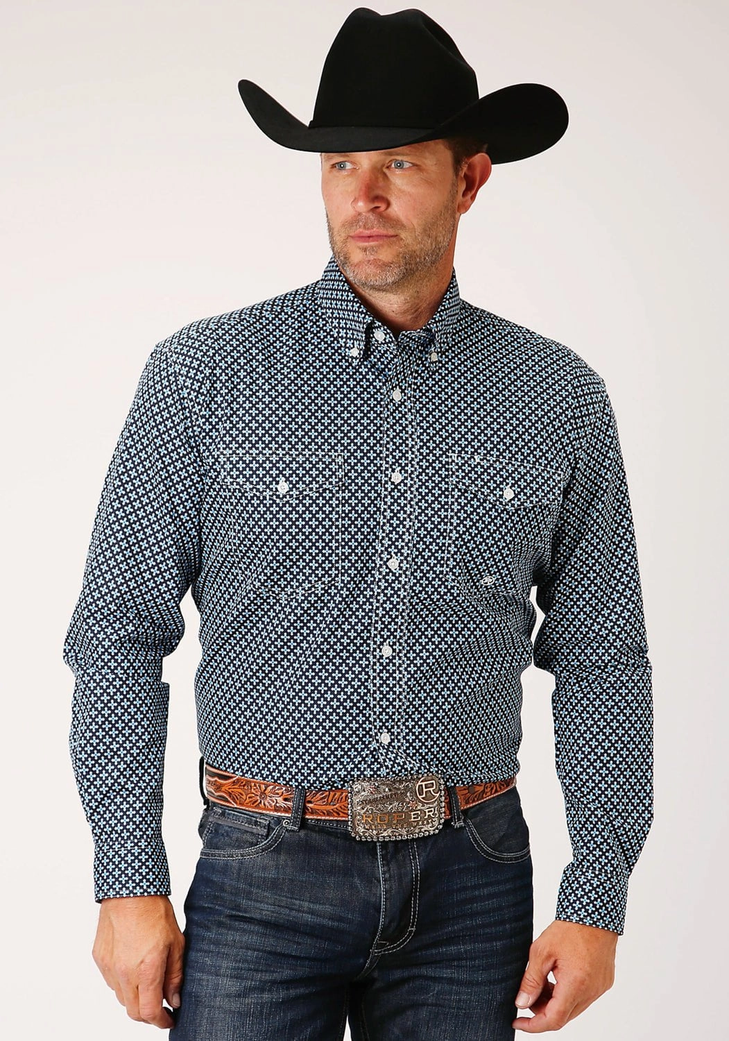 Roper Mens Blue 100% Cotton Four Leaf Foulard BD L/S Btn Shirt Pullover Design Affordable Fashion