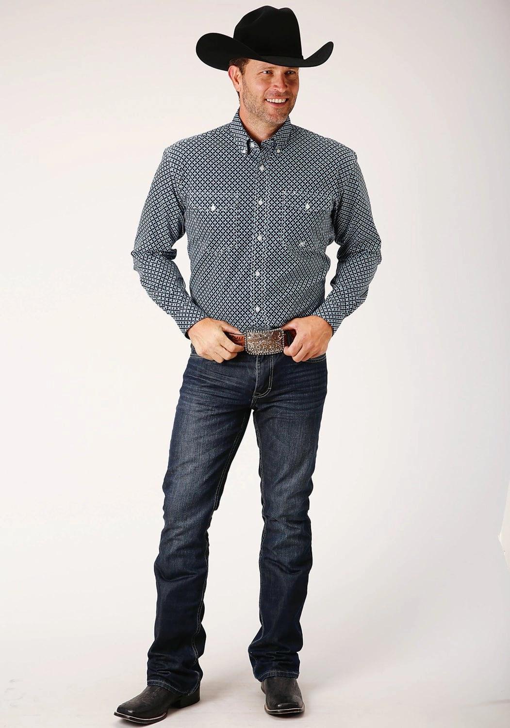 Summer Camp Durable Thread Construction Roper Mens Blue 100% Cotton Four Leaf Foulard BD L/S Btn Shirt