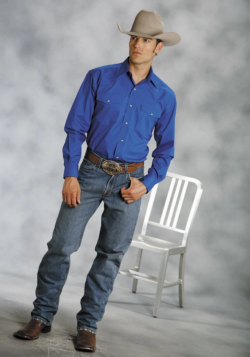 Roomy Cut Roper Mens Blue 100% Cotton L/S Snap 1 Pt Back Yoke Poplin Western Shirt