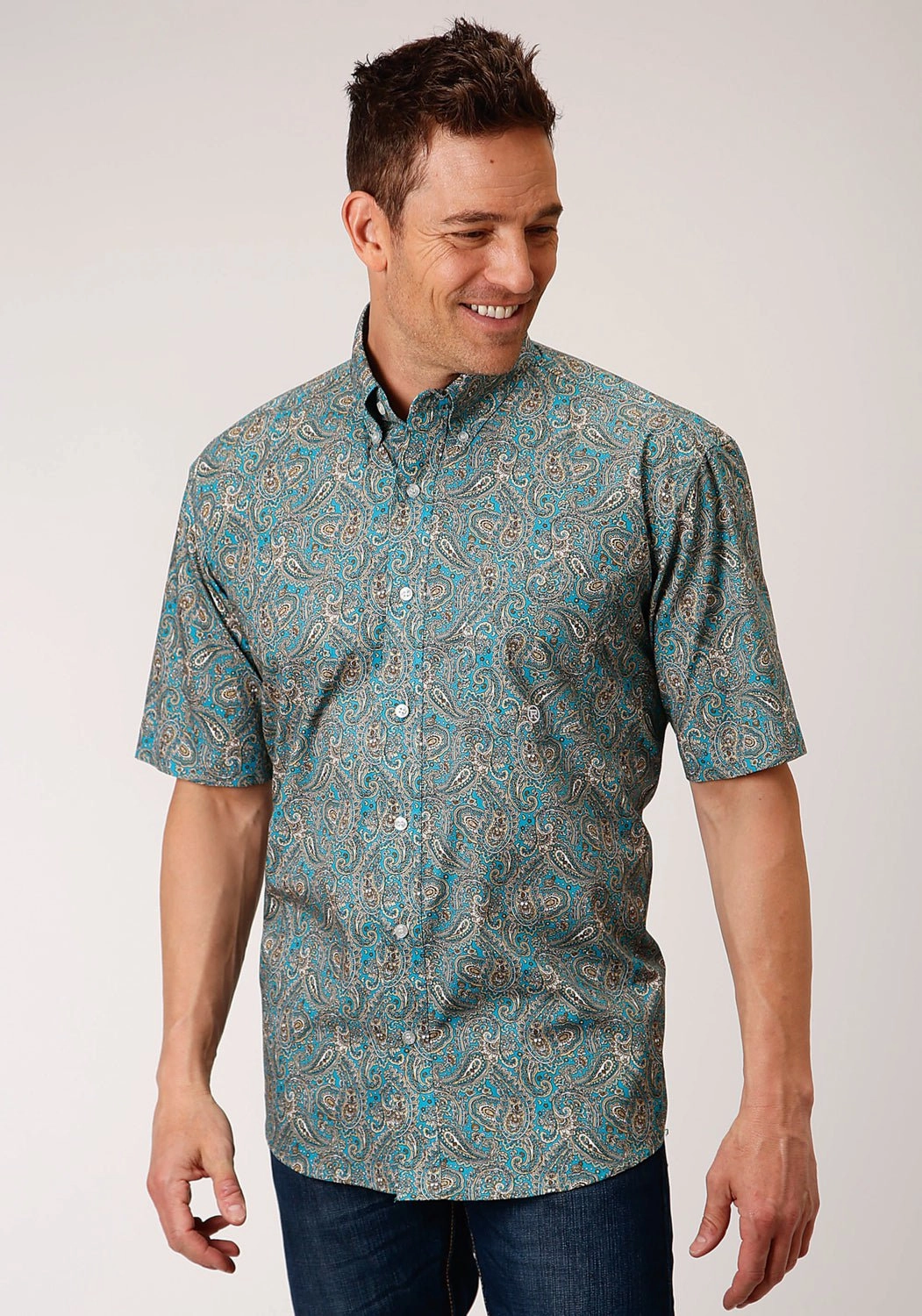 Subtle patterns Roper Mens Blue 100% Cotton Saddle Paisley BD S/S 1 Pkt Shirt