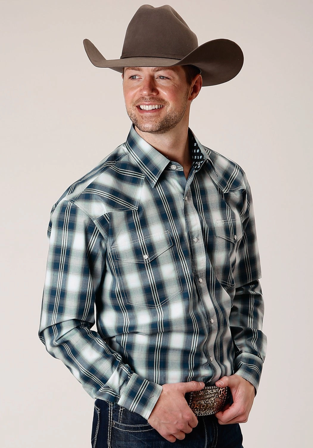 Roper Mens Blue 100% Cotton West Plaid L/S Tall Shirt Double Stitched Hems