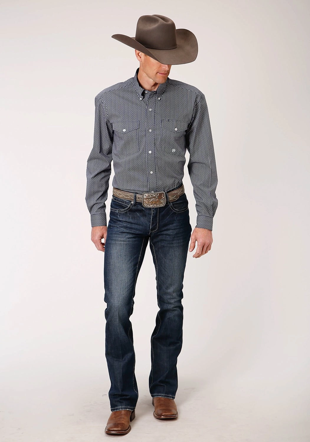 Roper Mens Blue Cotton Blend Arrow Rope BD L/S Btn Shirt Travel Essential