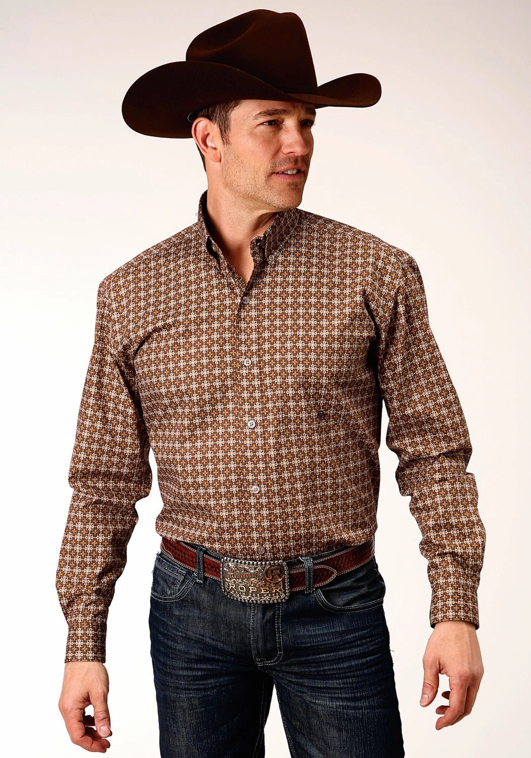 Hooded Option Roper Mens Brown 100% Cotton Cinnamon Foulard BD L/S 1 Pkt Shirt