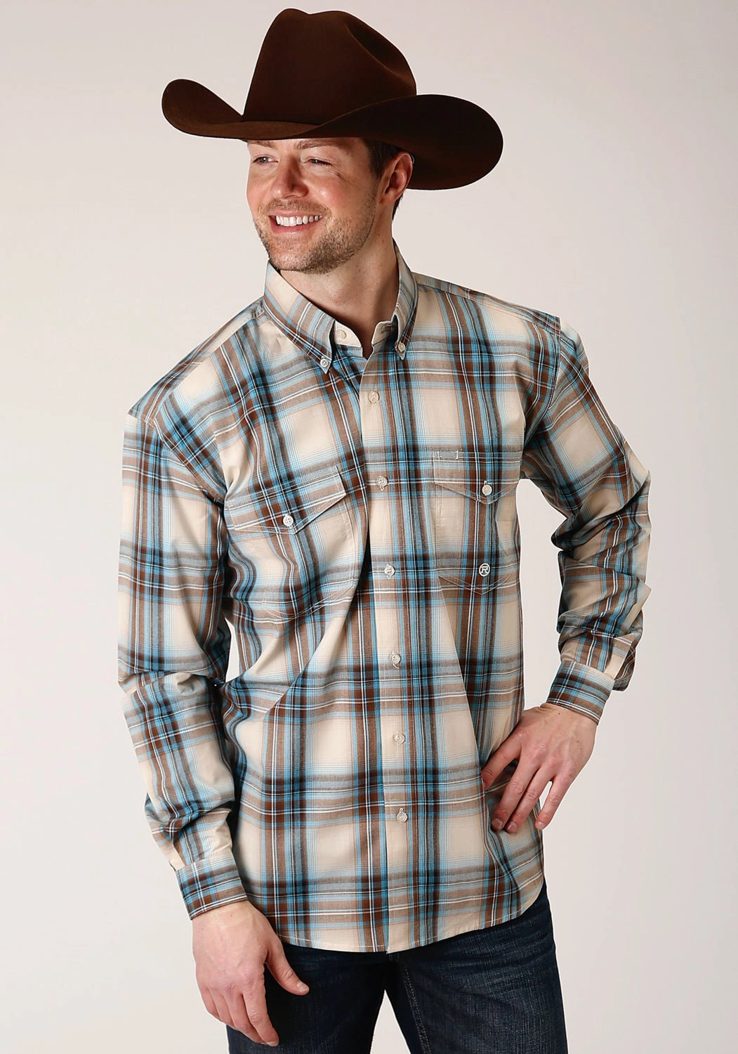 Roper Mens Brown 100% Cotton Cocoa Plaid BD L/S Button Shirt Eye-Catching Pattern Trendy Pattern