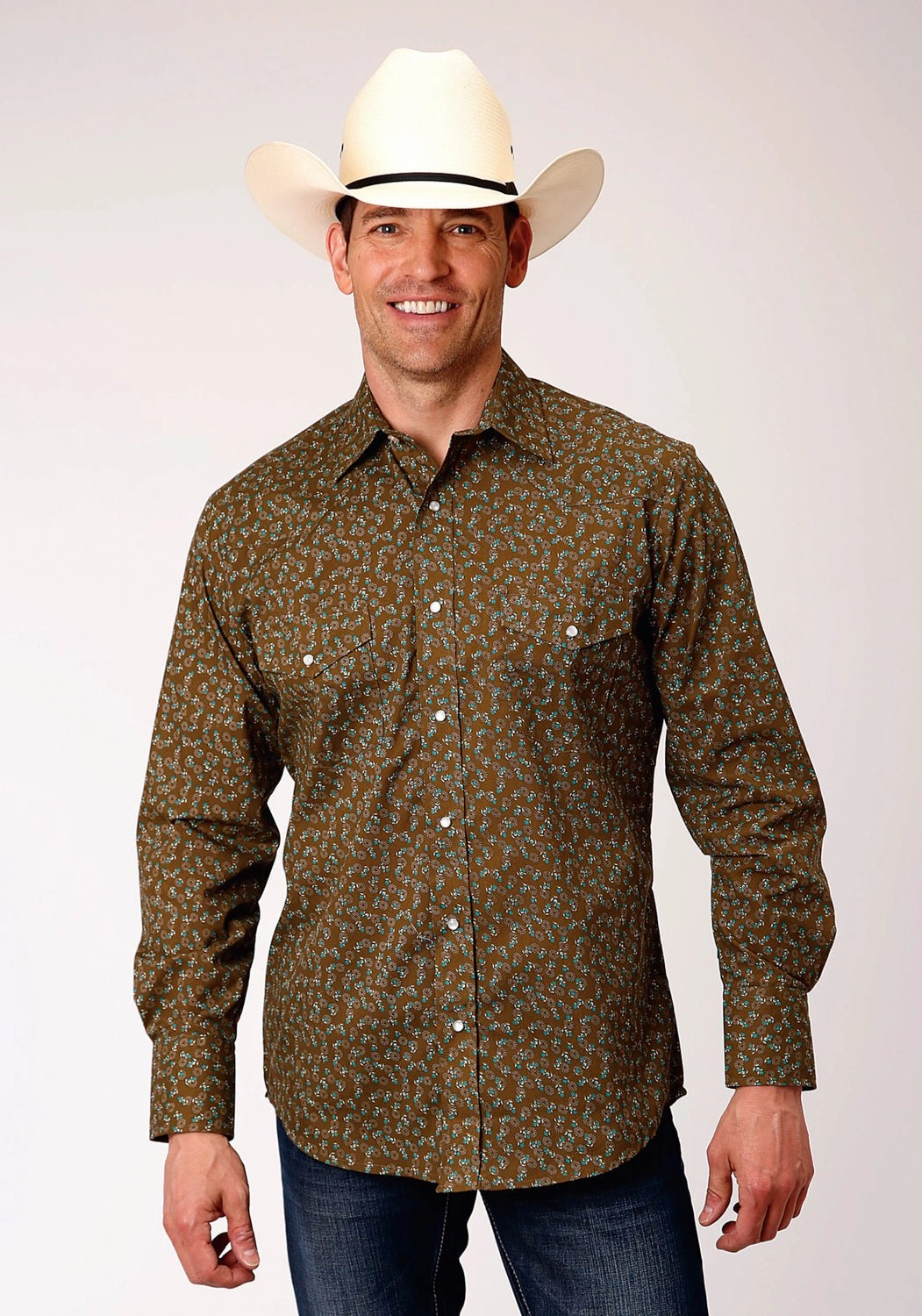 Roper Mens Brown/Turquoise Cotton Blend Mini Floral L/S Shirt Budget Friendly Functional Pocket
