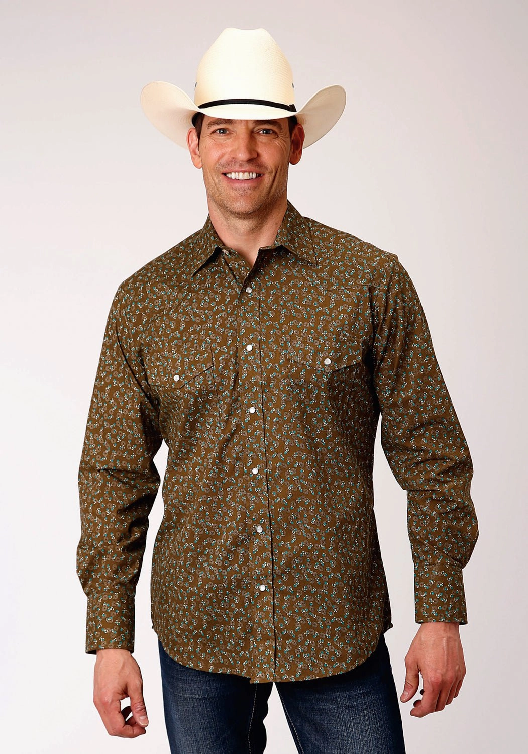 Subtle design Roper Mens Brown/Turquoise Cotton Blend Mini Floral L/S Shirt