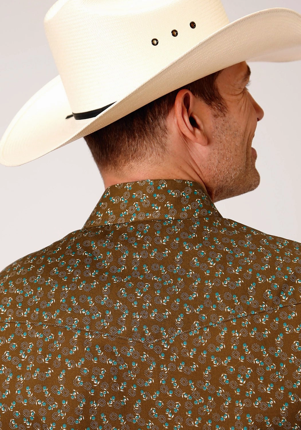 No Slip Shoulder Grip Roper Mens Brown/Turquoise Cotton Blend Mini Floral L/S Shirt