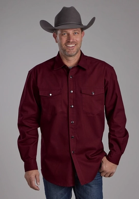Roper Mens Brushed Twill Wine 100% Cotton L/S Shirt Moisture Wicking Layer Country Charm