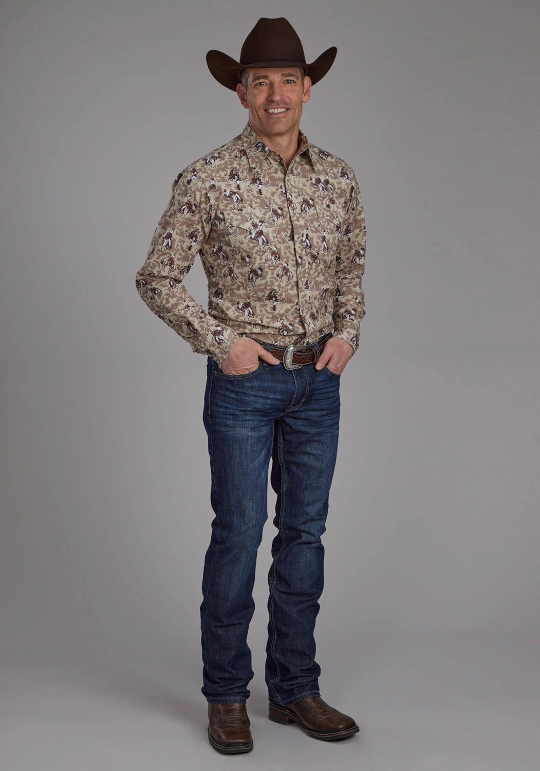 Roper Mens Brushstroke Cowboys Brown 100% Cotton L/S Shirt Stylish Appearance Adjustable Cuff Closure