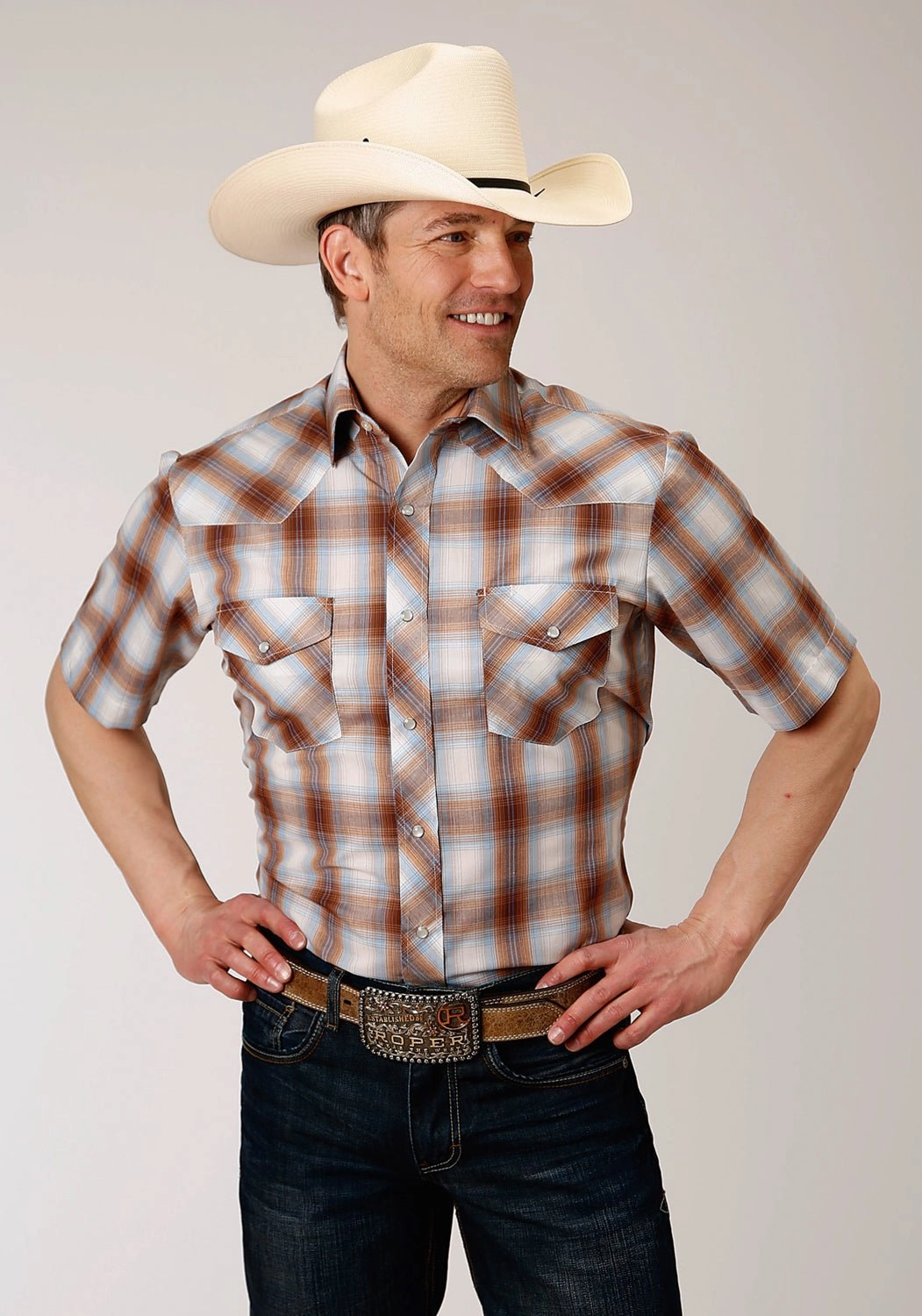 Roper Mens Butterscotch Cotton Blend 55/45 Plaid S/S Shirt Country Escape