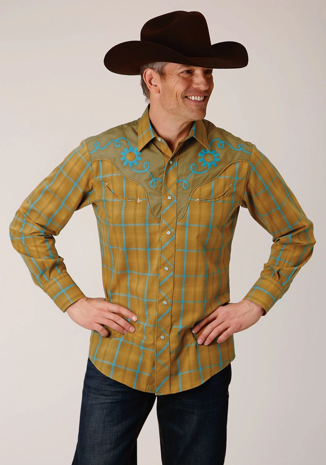 Smooth Finish birthday celebration Roper Mens Butterscotch Plaid Yellow Cotton Blend L/S Shirt