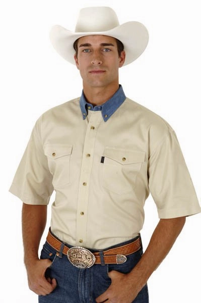 Roper Mens Button Down Western Khaki/Blue 100% Cotton S/S Shirt Denim Blend Ultra Soft Interior