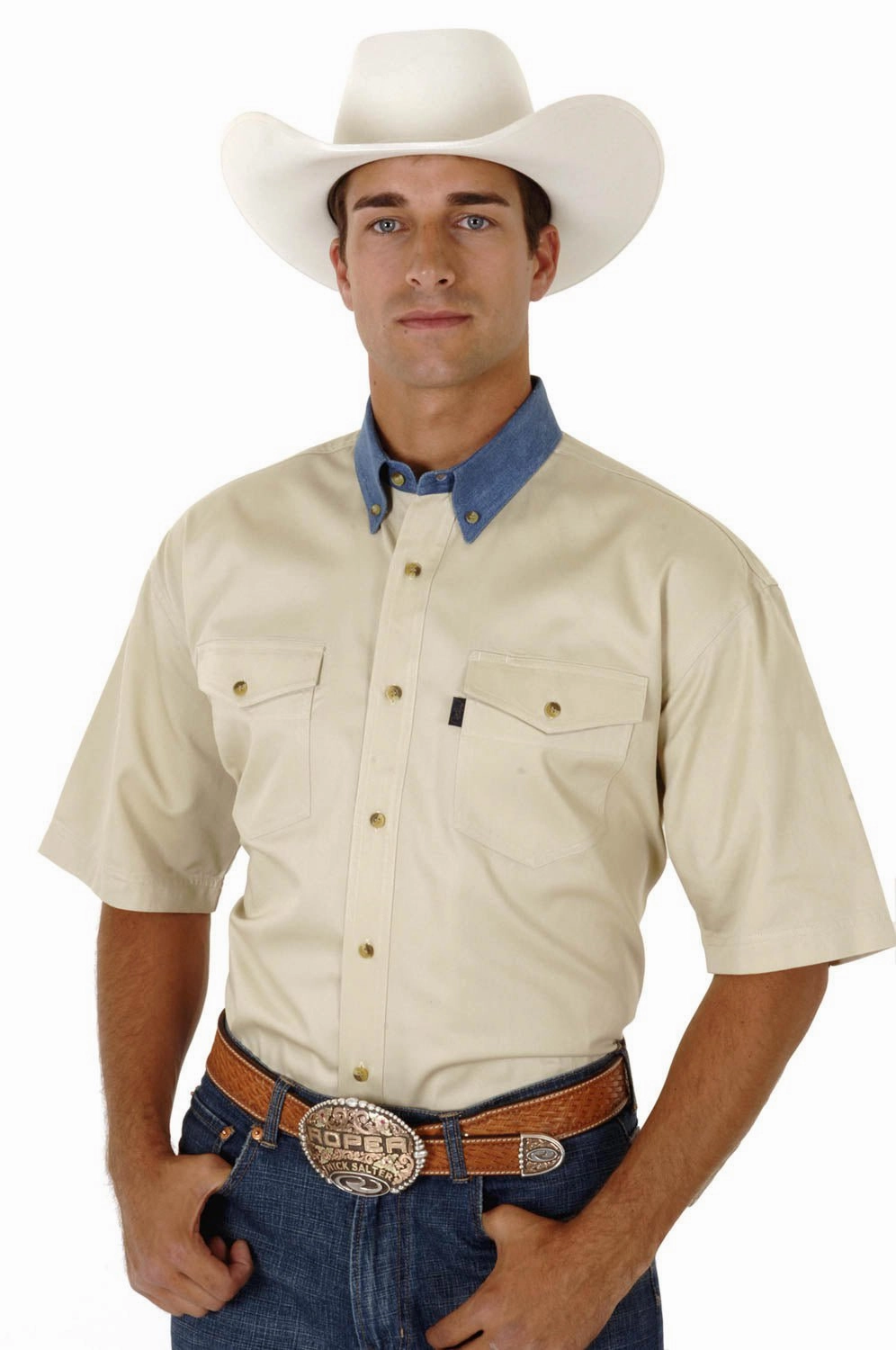 Roper Mens Button Down Western Khaki/Blue 100% Cotton S/S Shirt Anniversary Celebration