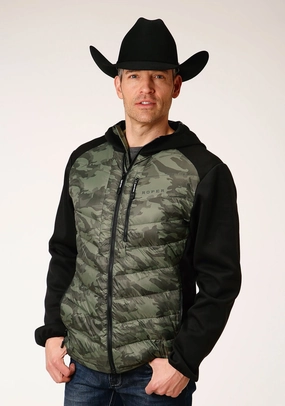 Adjustable Hood Advanced Wickability System Roper Mens Camo/Black Nylon Down Crushable Jacket