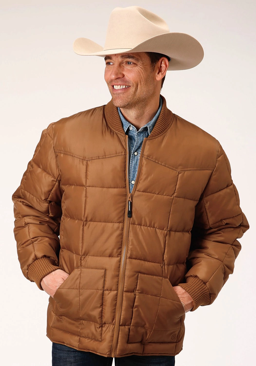 Hard Cover Fashion Event Roper Mens Caramel Polyester Insulated Jacket