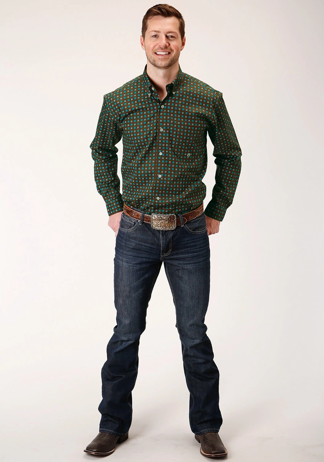 All day wearability Performance Fabric Roper Mens Chocolate 100% Cotton Agave Foulard BD L/S 1 Pkt Shirt