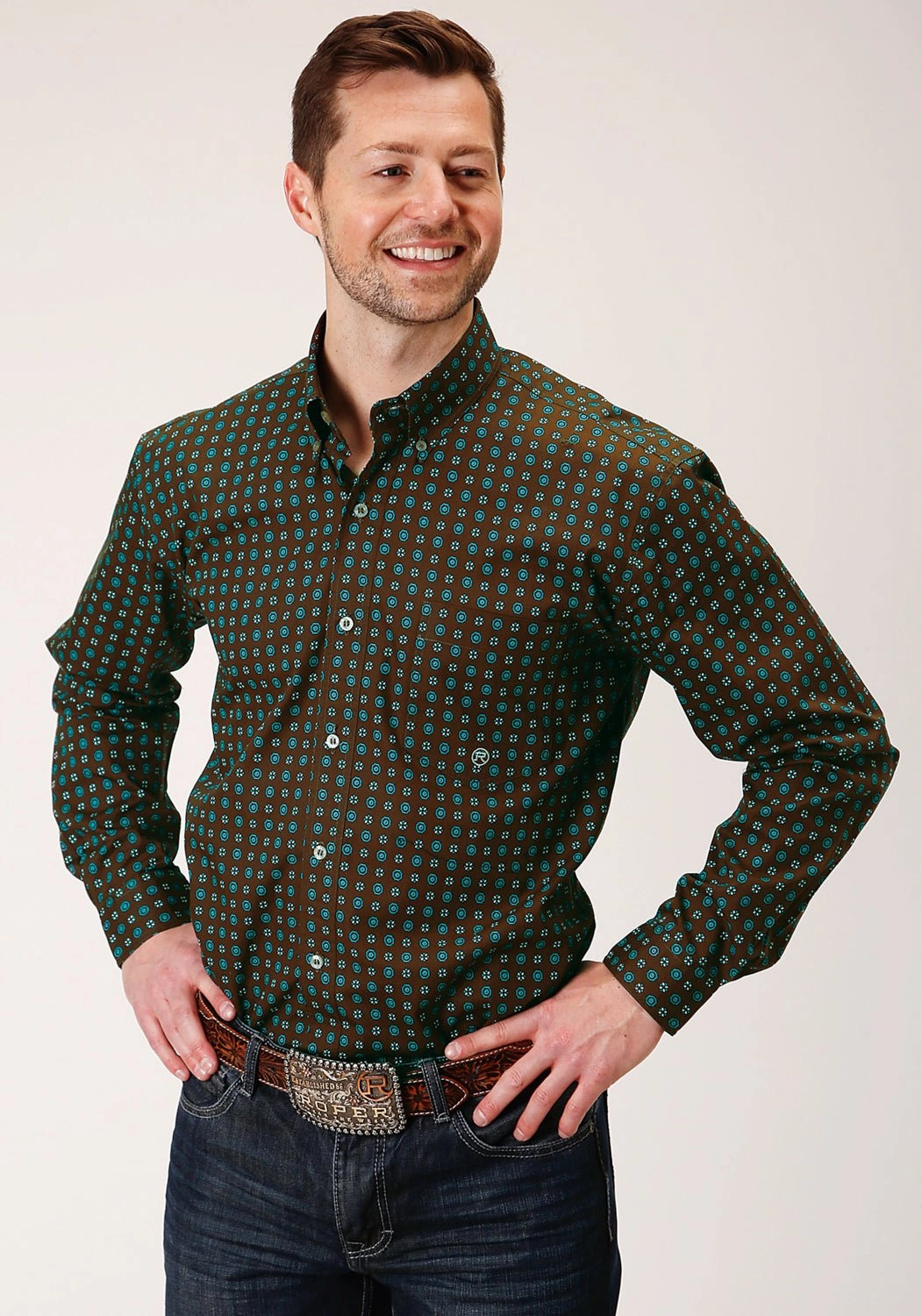 Relaxed Silhouette Breathable Underarm Vents Roper Mens Chocolate 100% Cotton Agave Foulard BD L/S 1 Pkt Shirt