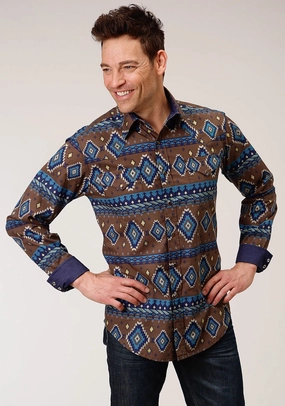 Roper Mens Chocolate 100% Cotton Aztec Print L/S Shirt Wrinkle Resistant Material Stylish Appearance