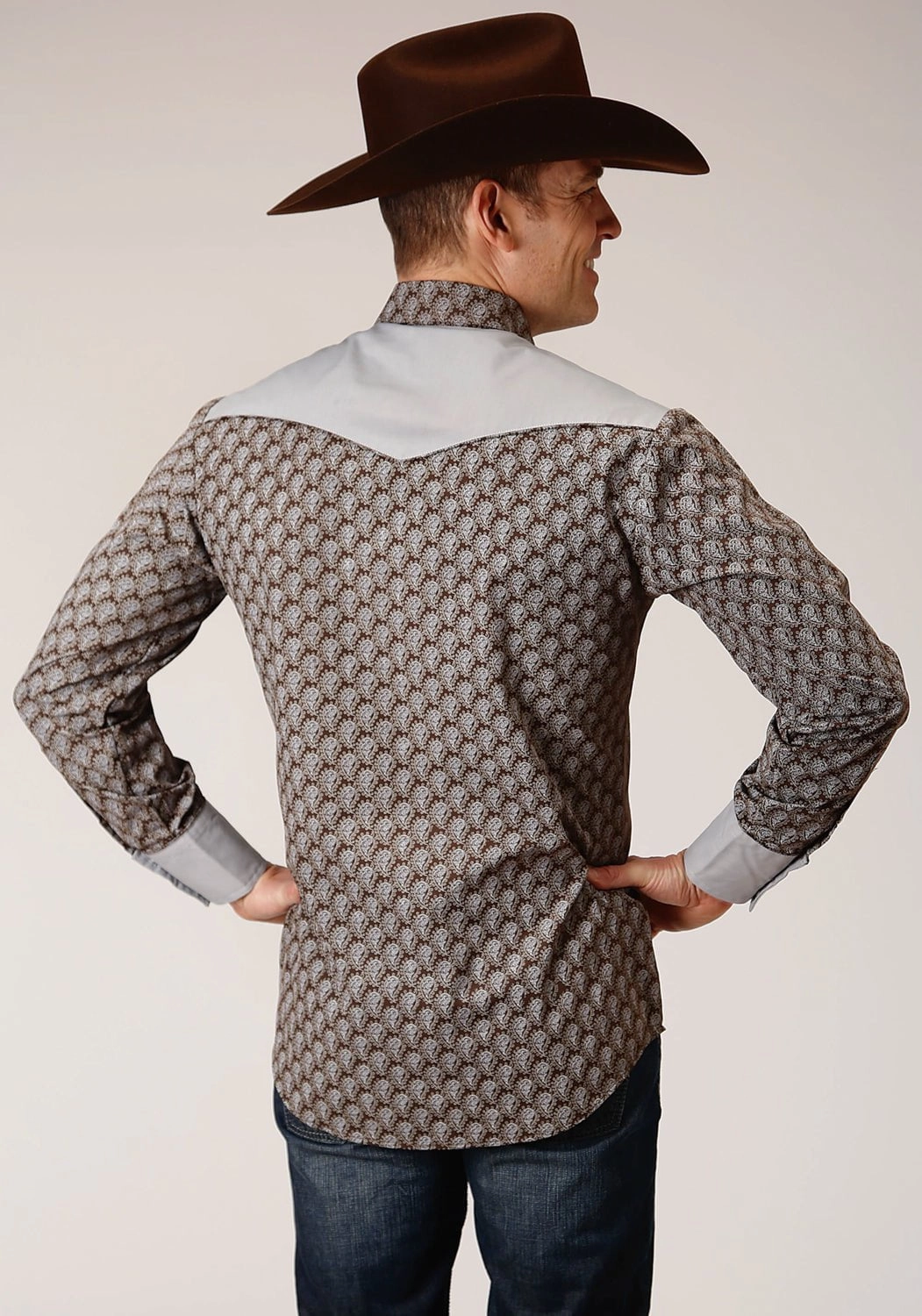 Tailored Fit Cool Comfort Roper Mens Chocolate/Cream Cotton Blend Teardrop L/S Shirt