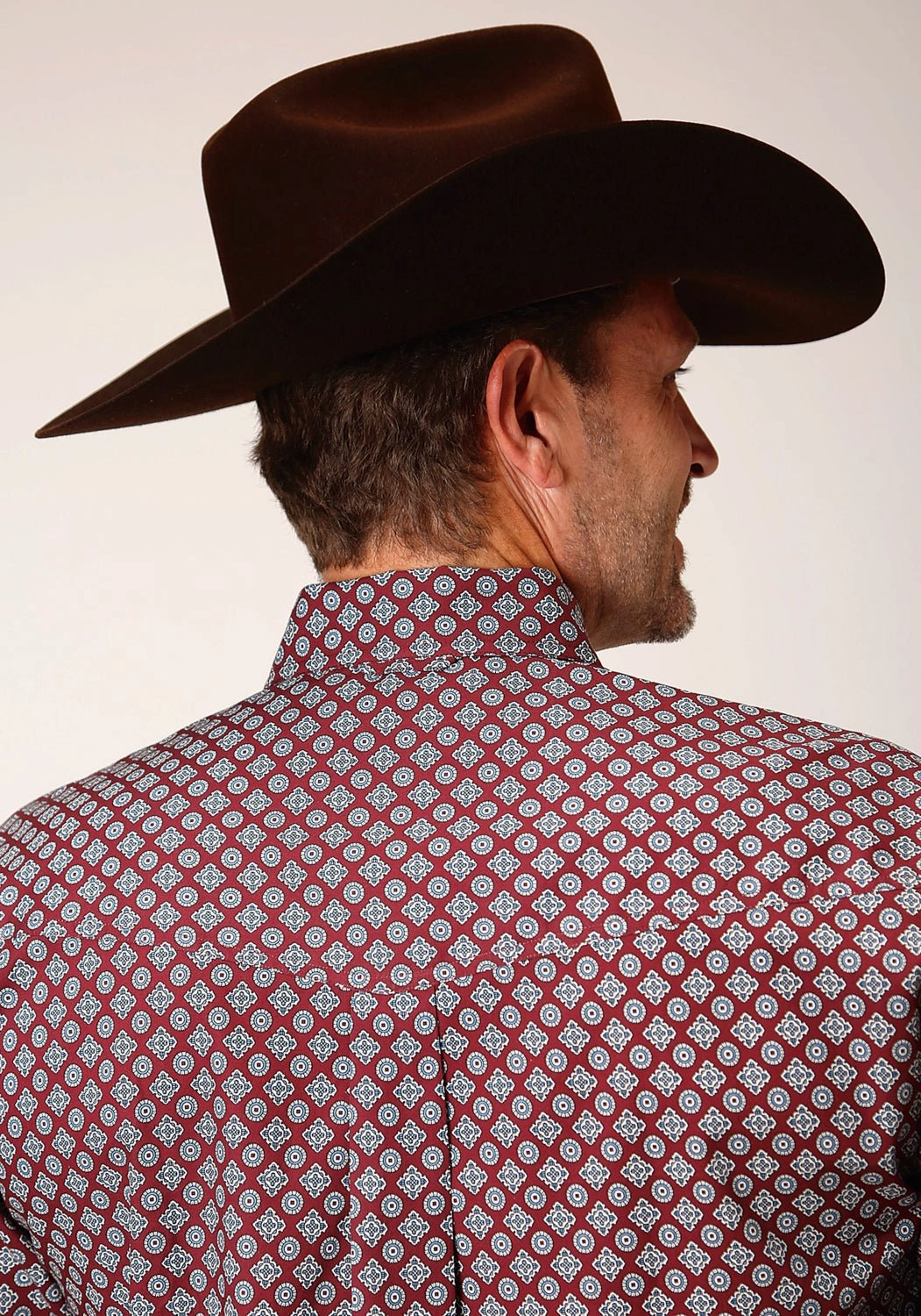 Roper Mens Classic Foulard Wine 100% Cotton L/S Shirt Recycled Polyester Blend