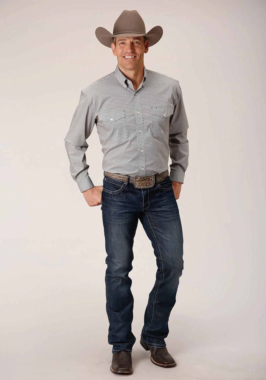 Roper Mens Climbing Diamond Green Cotton Blend L/S Shirt Minimalist Design