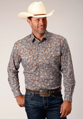 Roper Mens Copper Spring Paisley Orange 100% Cotton L/S Shirt Abstract print