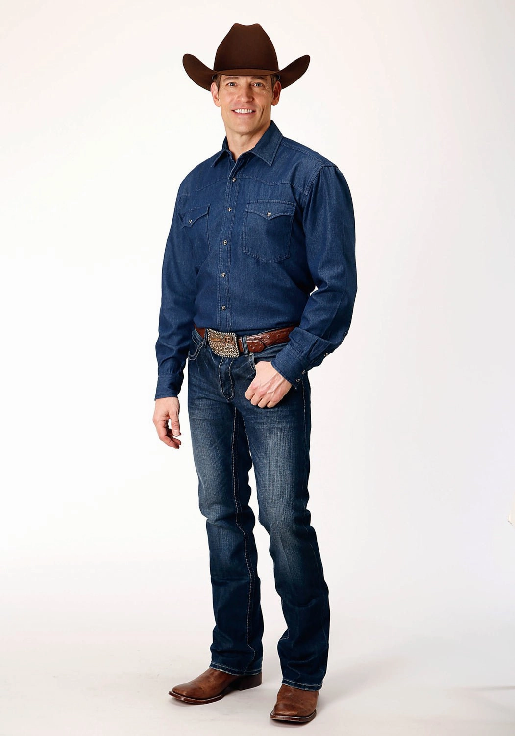 Roper Mens Dark Blue 100% Cotton Denim BD L/S Western Shirt Non Static Finish