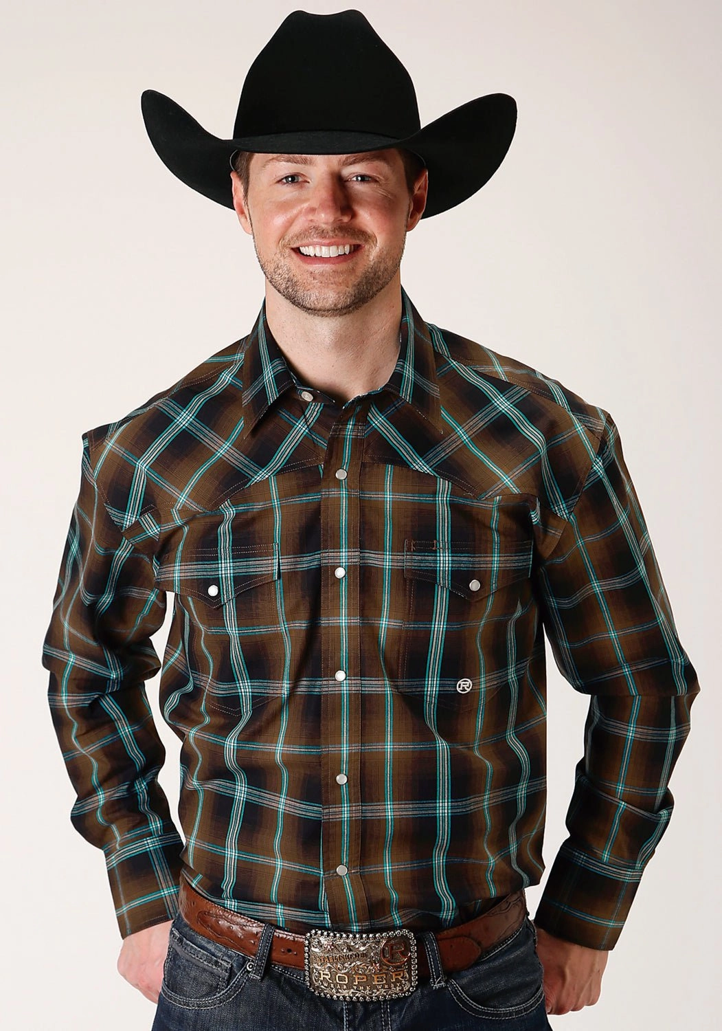 Lightweight Construction Roper Mens Dark Chocolate 100% Cotton Plaid L/S Tall Shirt