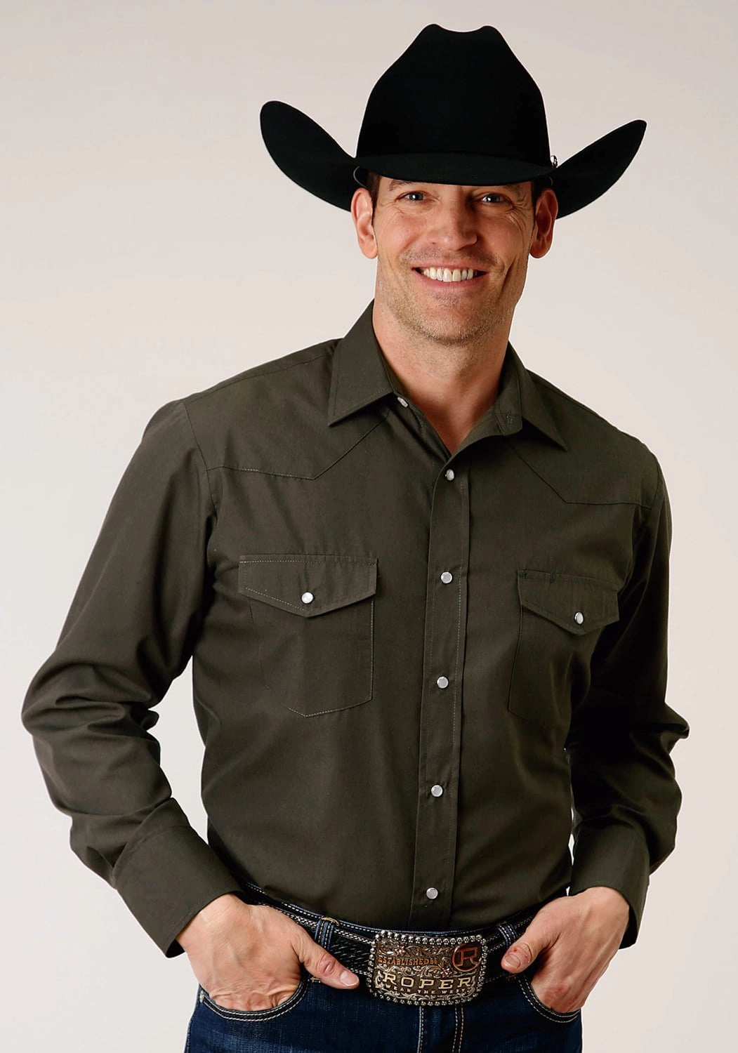 Roper Mens Deep Olive Cotton Blend 55/45 Broadcloth L/S Shirt Camping Essential