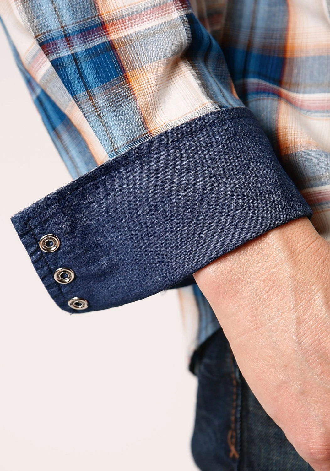 Roper Mens Denim Plaid Blue 100% Cotton L/S Shirt Airflow Ventilation System Petite Cut