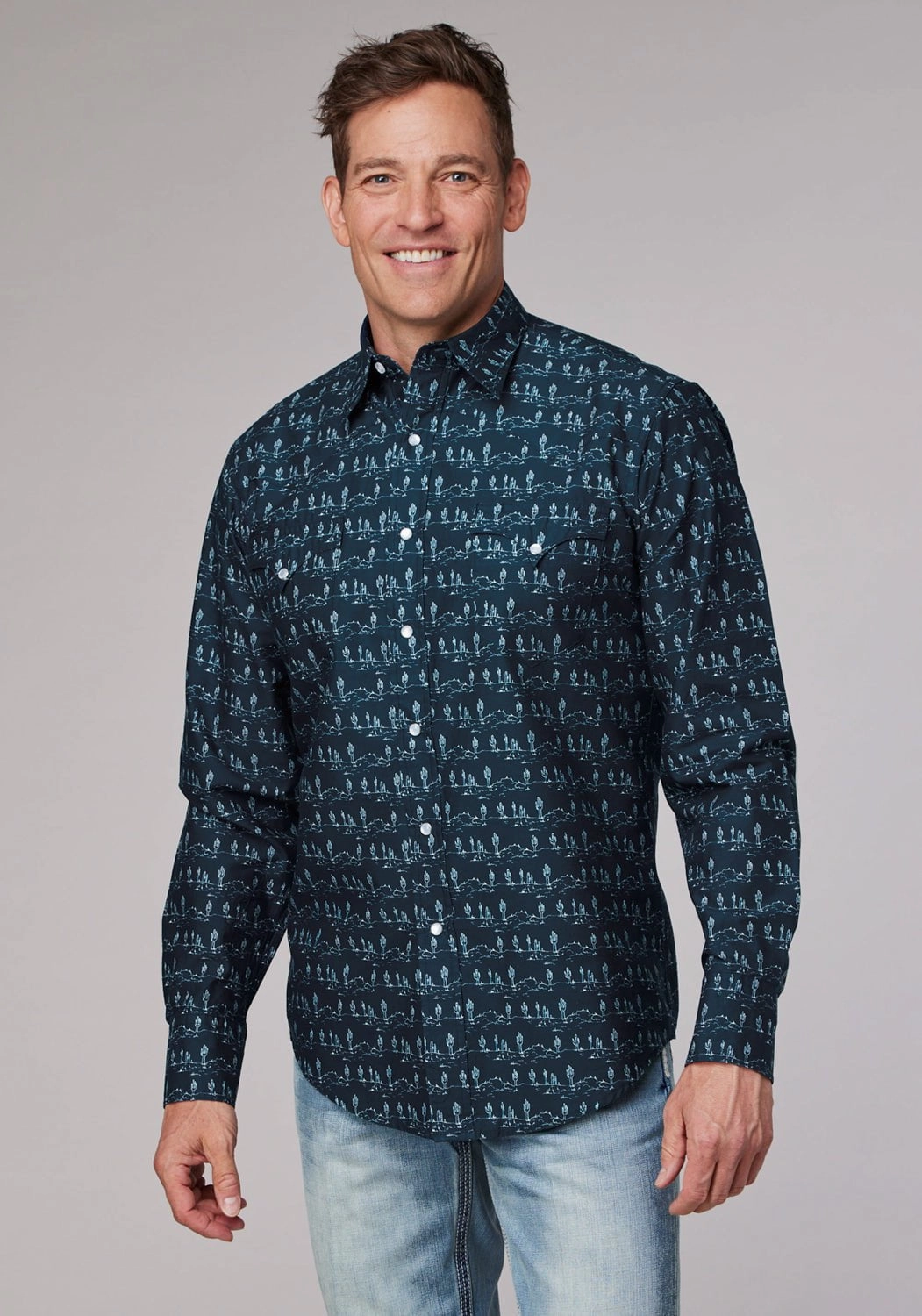 Twill Weave Roper Mens Desert Stripe Print Blue 100% Cotton L/S Shirt